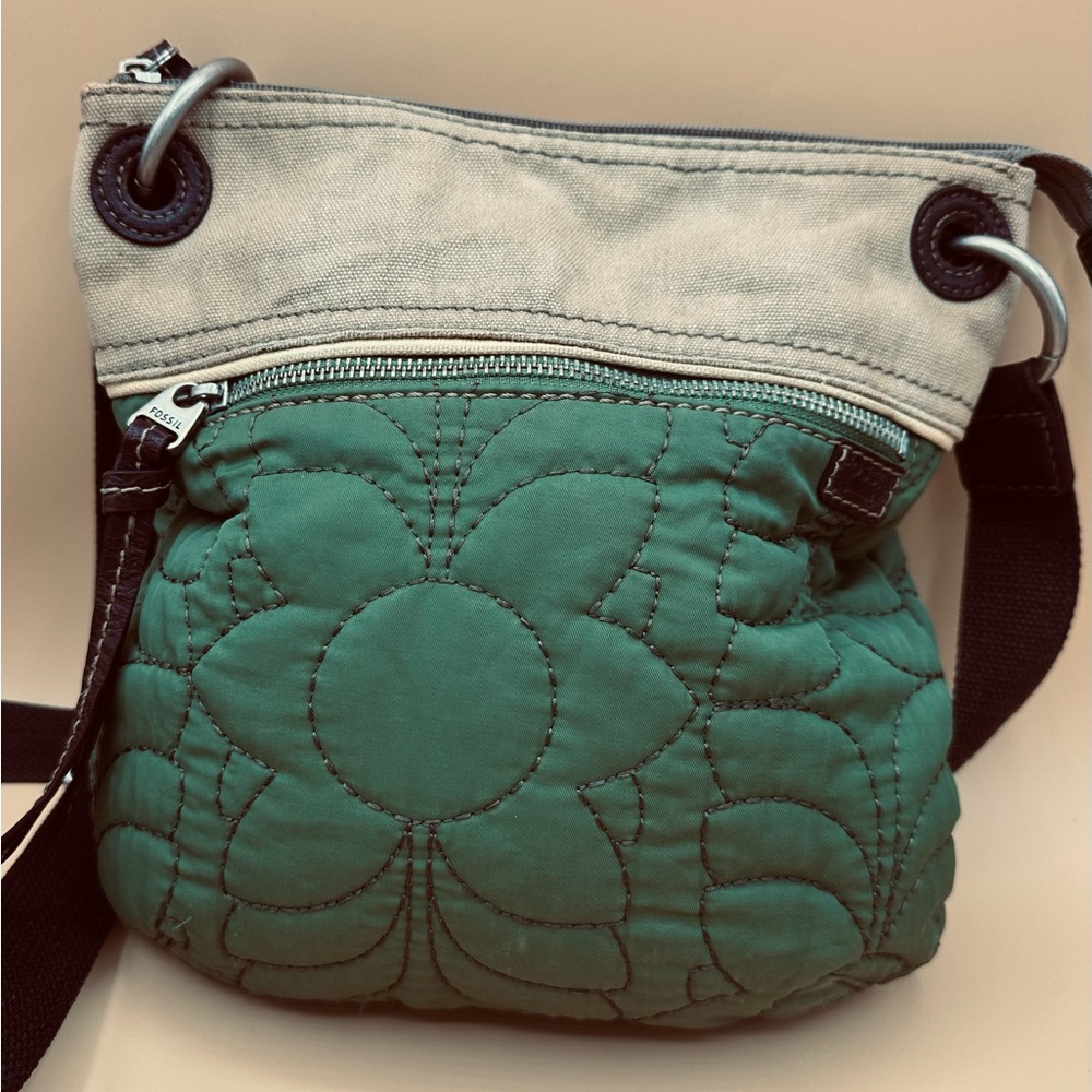 Fossil Green and Tan Quilted Crossbody Bag